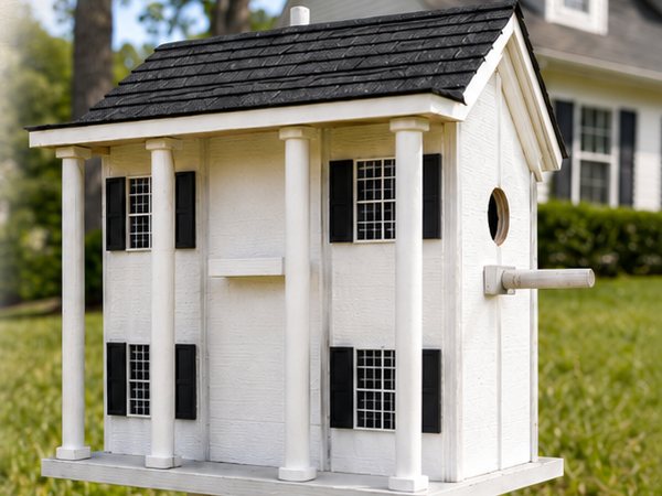 Custom columned house birdhouse on a post in a front yard