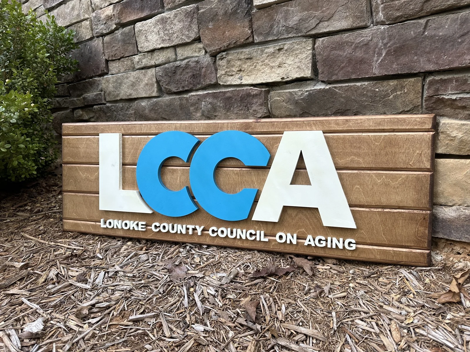 Lonoke County Council on Aging wood sign with layered blue and white letters
