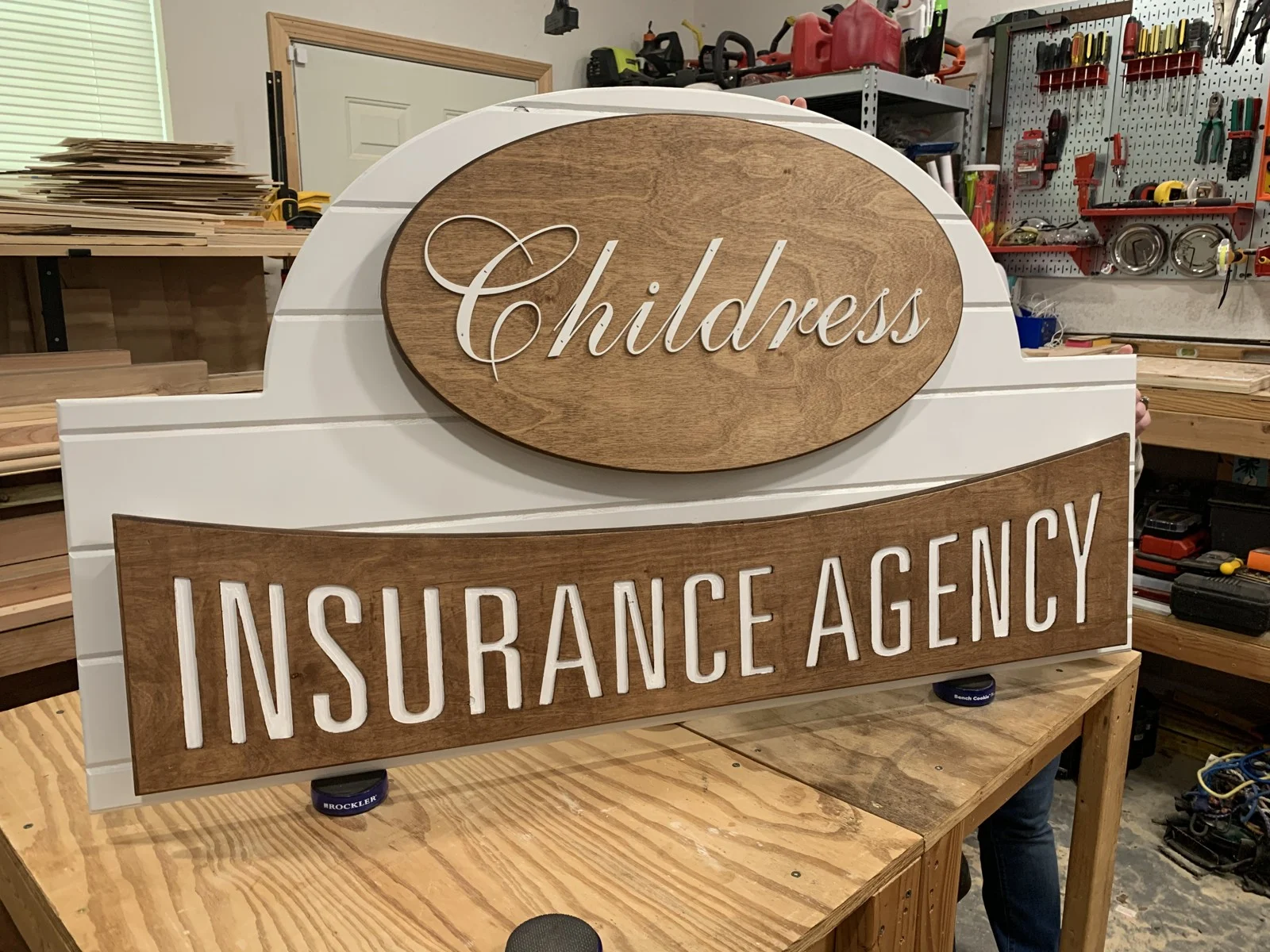 Finished Childress Insurance Agency sign in the shop