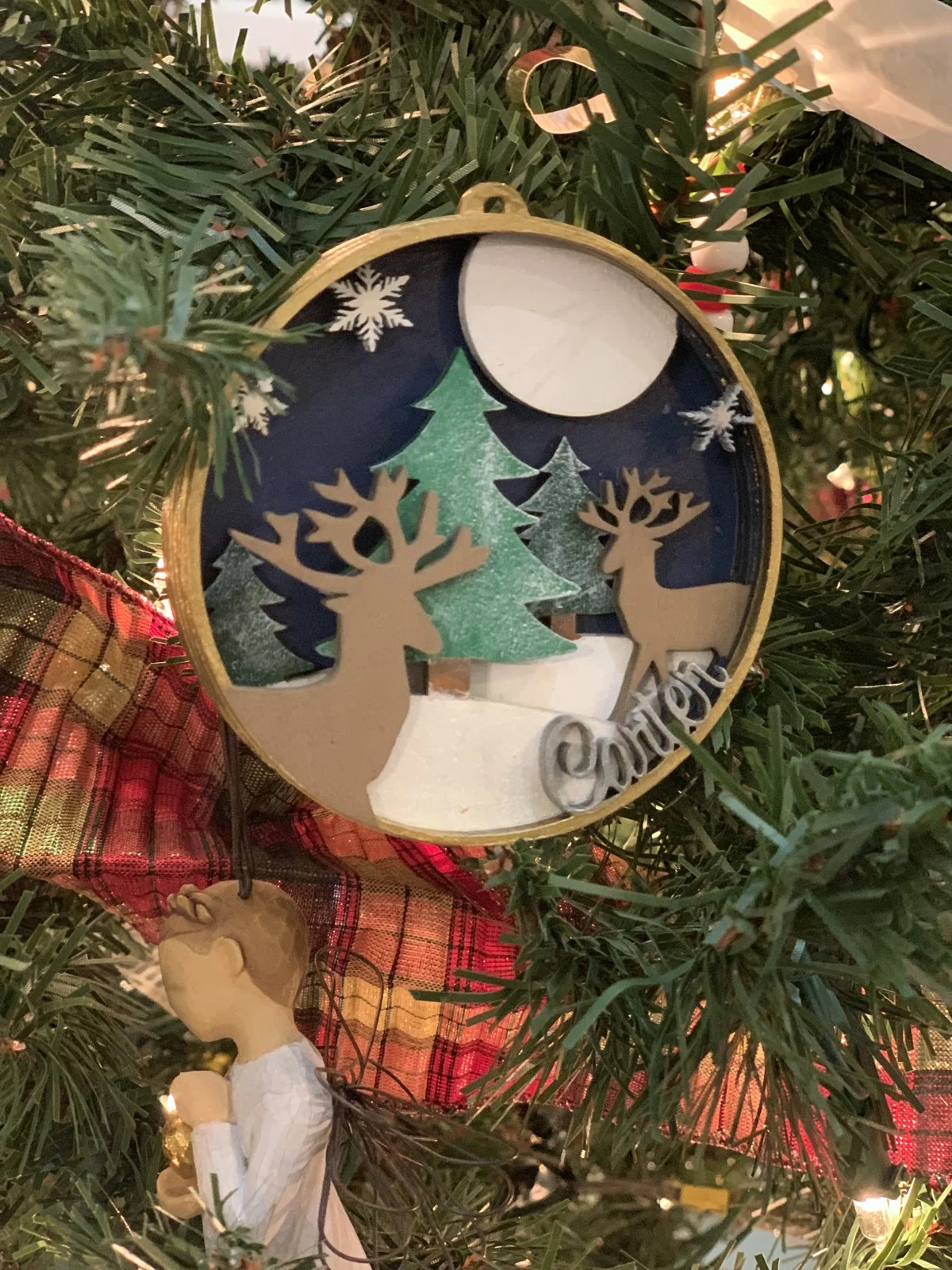 Personalized Carter ornament with layered deer, trees, snowflakes and a moon