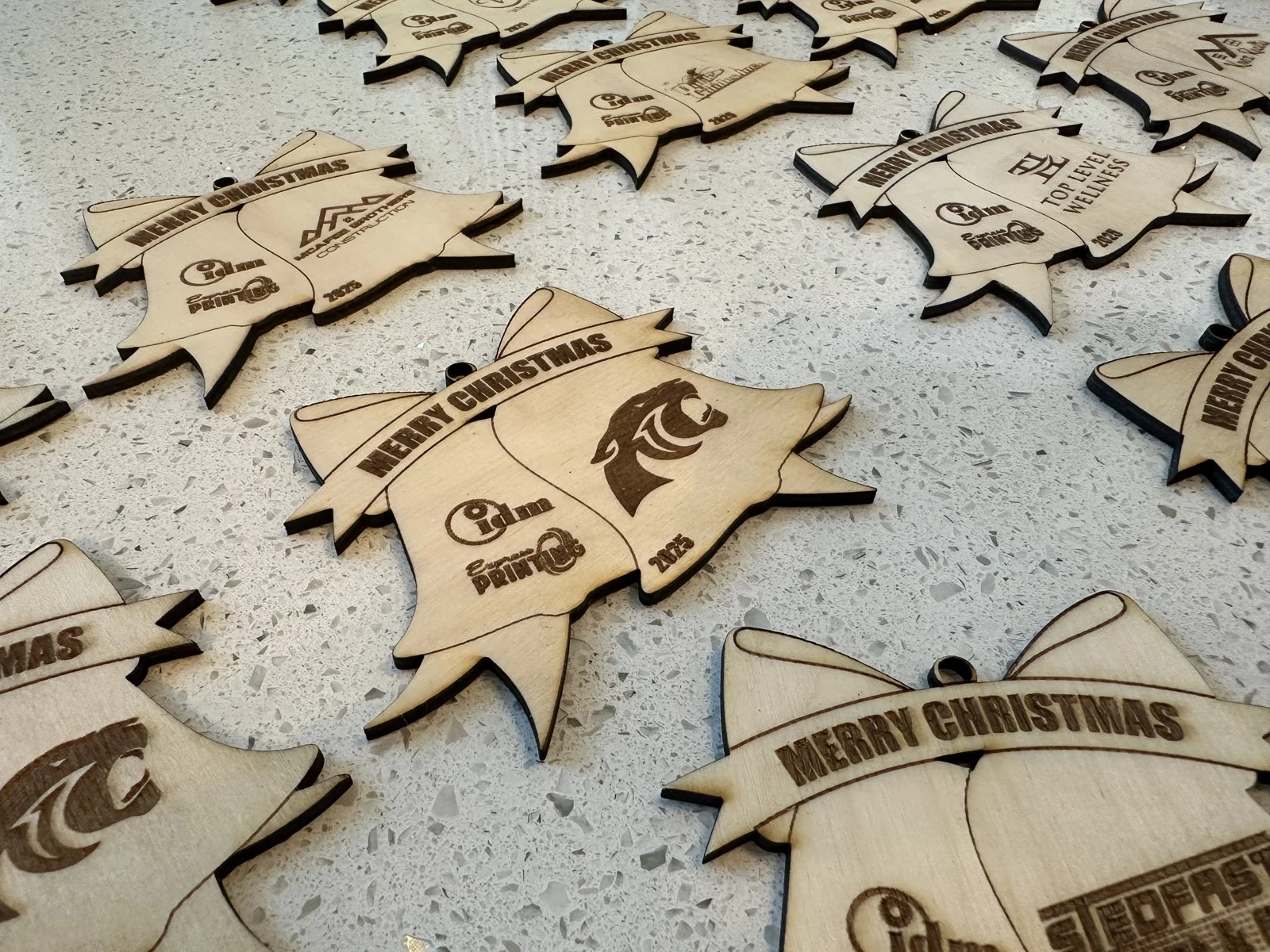 Engraved Merry Christmas ornaments with business logos