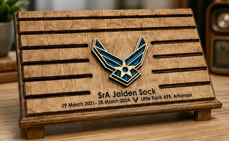 Wood challenge coin holder with Air Force emblem and engraved name