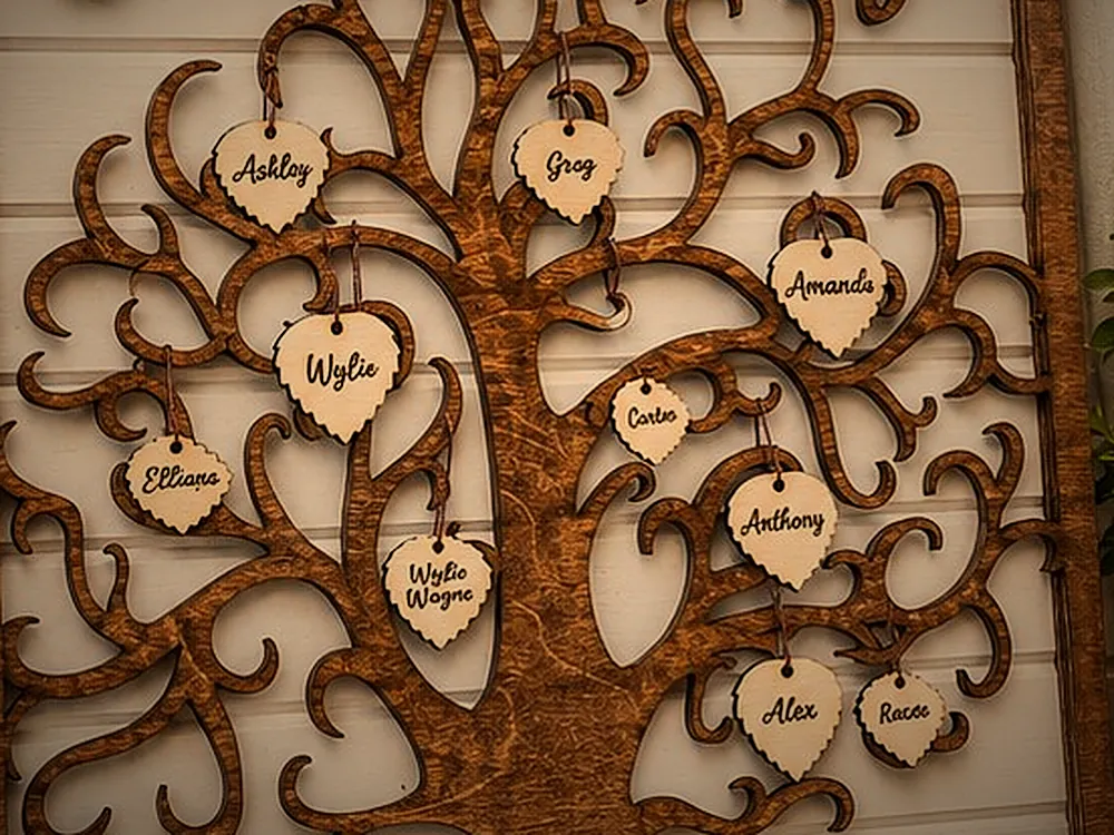 Layered stained wood family tree with names on heart tags