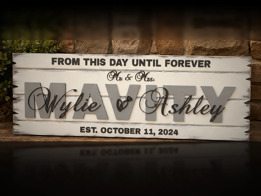 Rustic white marriage sign with family name and established date