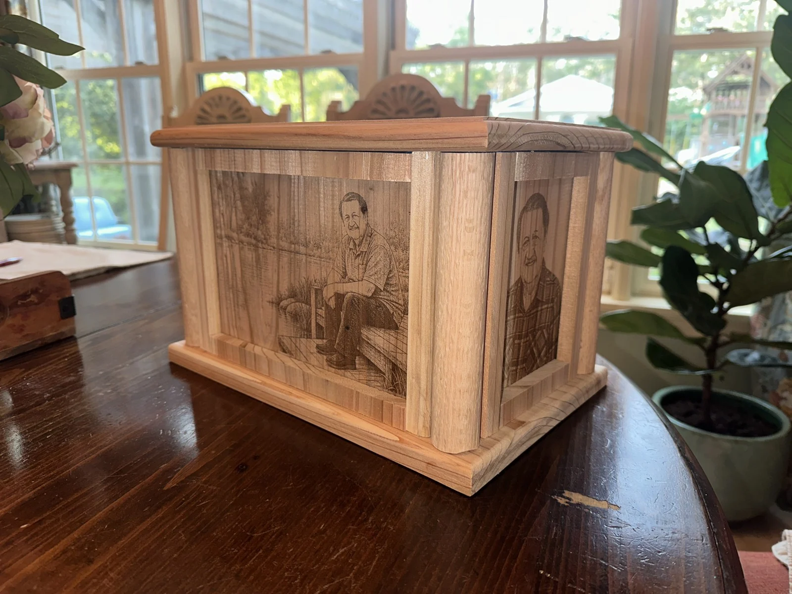 Finished cedar urn showing its natural wood grain