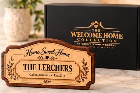 Personalized Home Sweet Home wood sign in front of a black Welcome Home Collection gift box