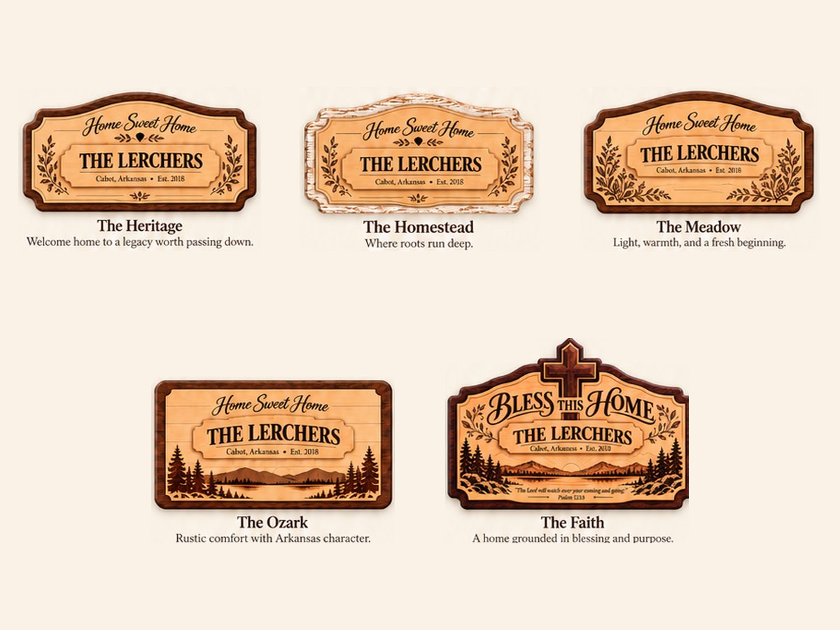 The five Welcome Home designs: The Heritage, The Homestead, The Meadow, The Ozark and The Faith