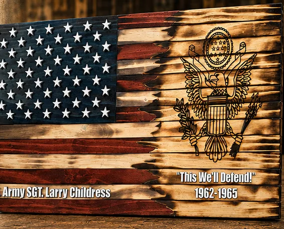Burned-wood American flag with engraved tribute