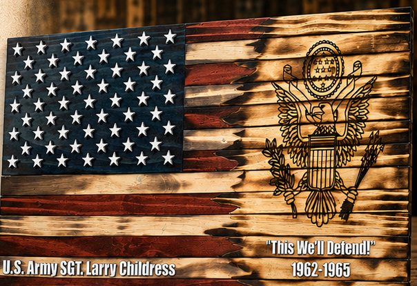 Personalized Army tribute burned-wood American flag