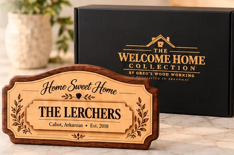 Personalized Home Sweet Home wood sign in front of a black Welcome Home Collection gift box